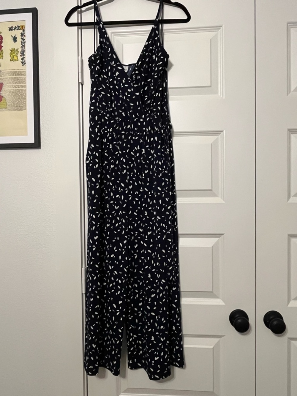 Navy and White Printed Spaghetti-Strap Jumpsuit